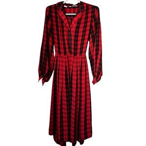 Vintage John Henry Women’s Red and Black Plaid Midi Dress with Waist Tie Sz-M